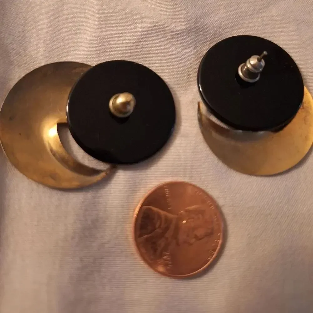 Gold Tone and Black Circular Earrings